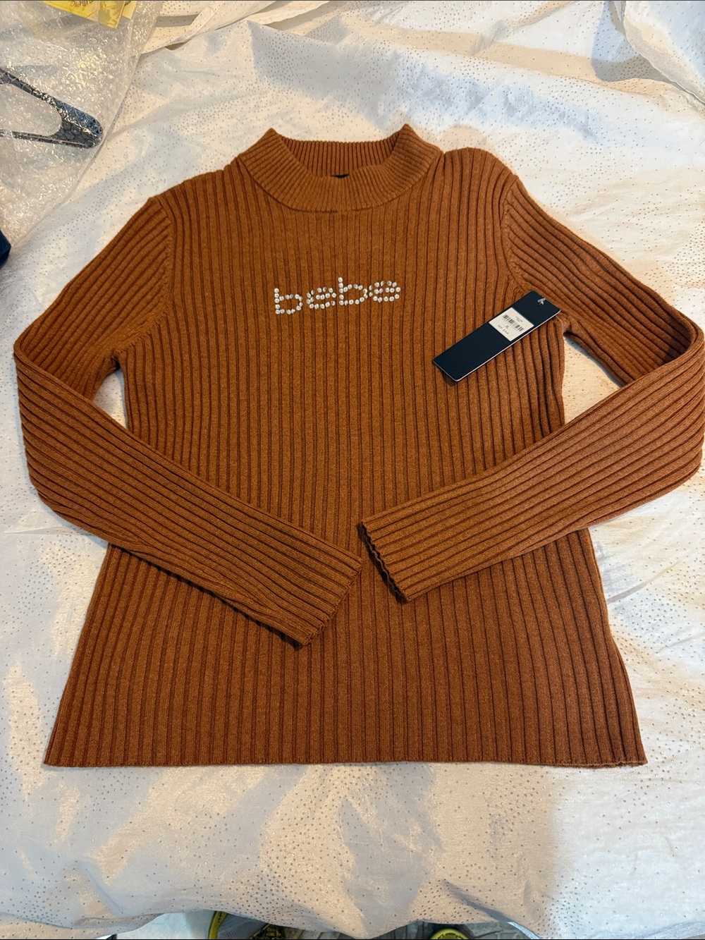 bebe Ribbed Sweater with Rhinestone Logo - Rust for girls size XL